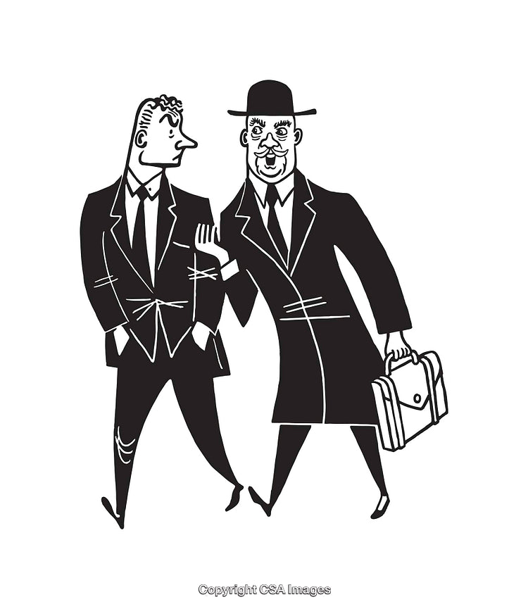 Black and White Line Art of Two Businessmen in Conversation