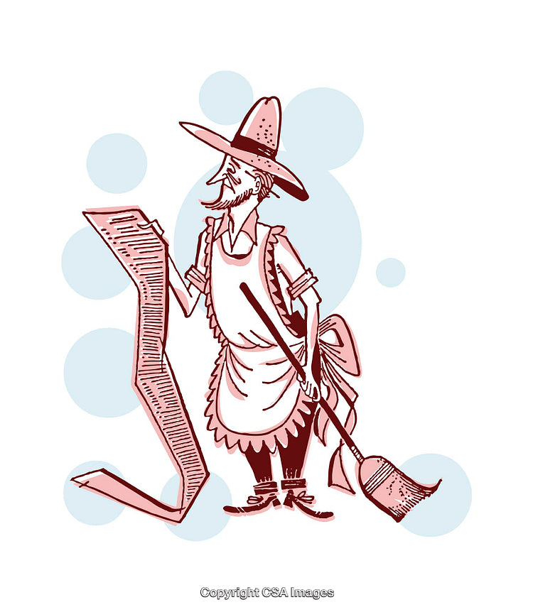 Vintage Illustration of a Gentleman Reading with a Broom