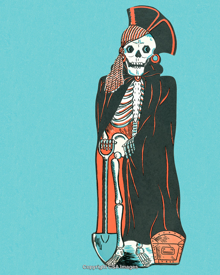 Skeleton Pirate with Shovel and Chest on Blue Background Illustration