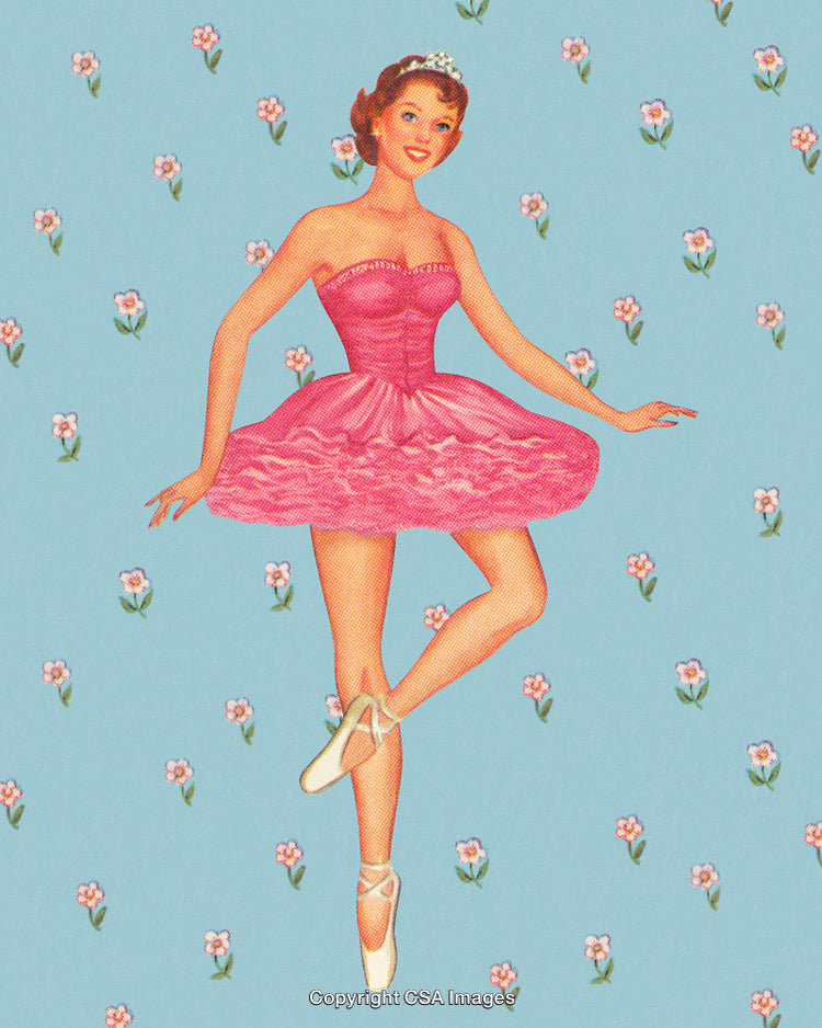 Retro Illustration of Ballerina in Pink Tutu on Floral Background