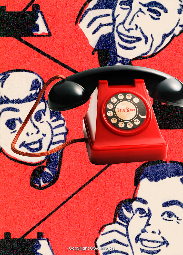 Retro Red Toy Telephone on Pop Art Background Featuring Happy Characters