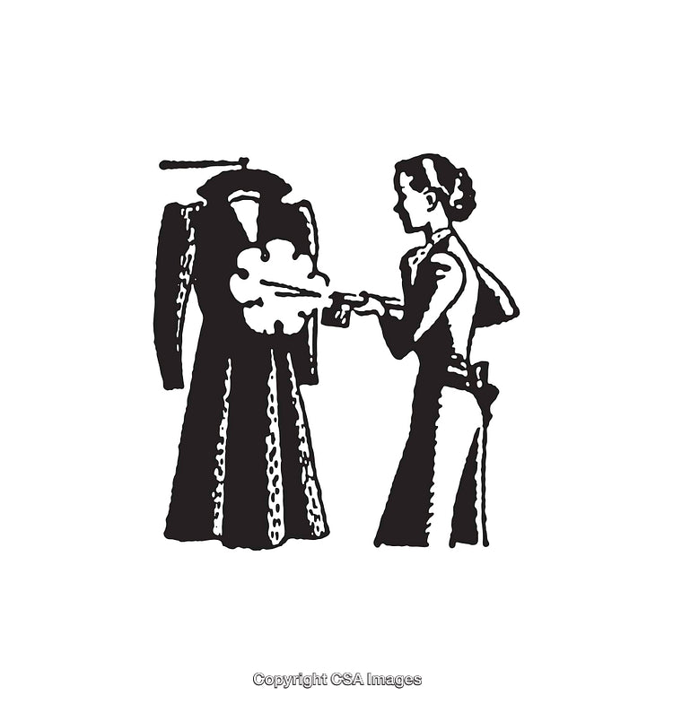 Vintage Black and White Illustration of a Woman Operating a Hand Tool