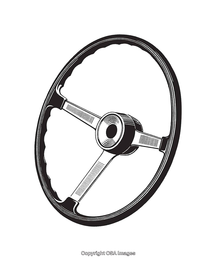 Black and White Line Art of a Vintage Steering Wheel Illustration