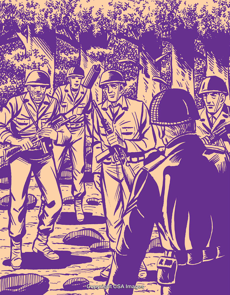 Vintage Illustration Depicting Soldiers in a Forest Engaged in a Confrontation
