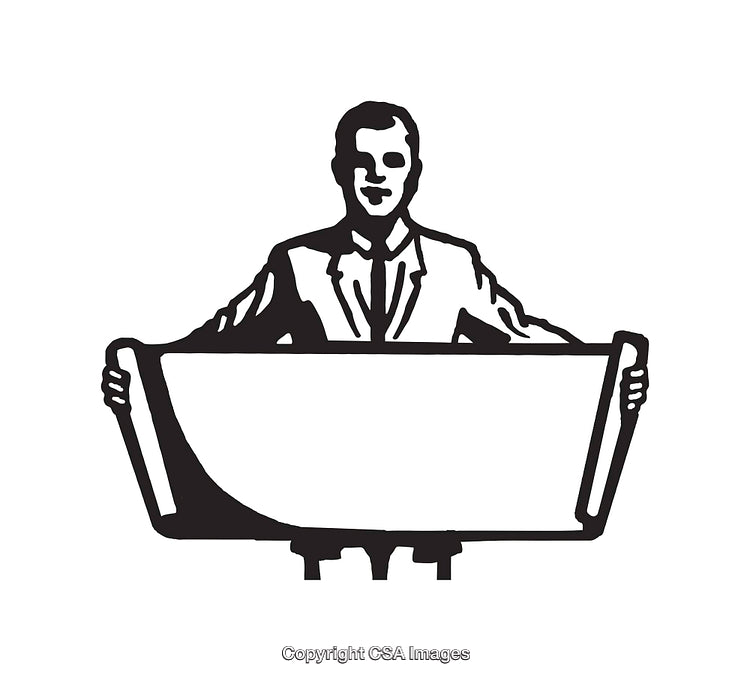 Businessman Holding Large Document Blueprint in Black and White Art