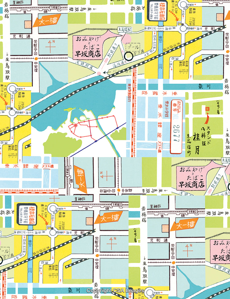 Colorful Vintage Japanese Map Overlay with Roads, Landmarks, and Labels