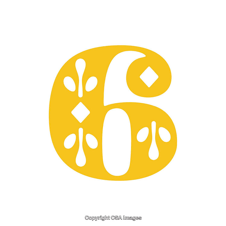 Yellow Number Six Digit with Decorative Pattern on White Background