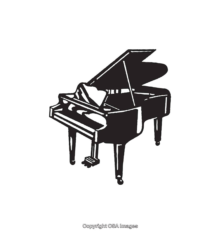 Black and White Line Art of a Grand Piano on White Background