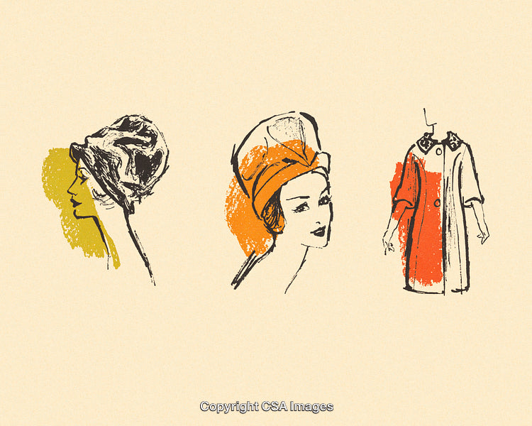 Vintage Fashion Sketches Showcasing Hats and Coats in Retro Artistic Style