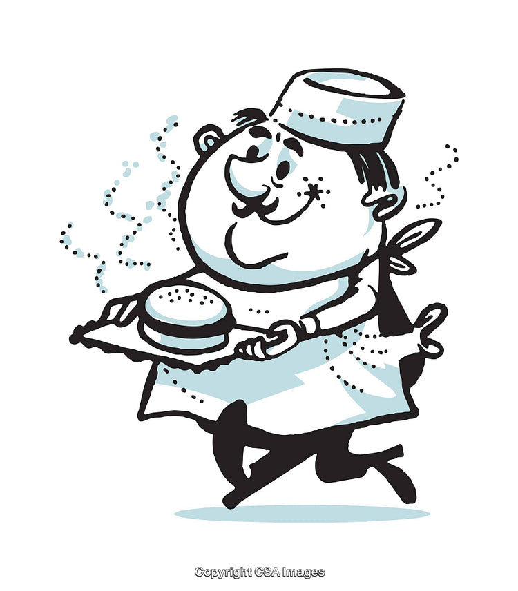 Retro Styled Chef Carrying a Tray with a Delicious Burger