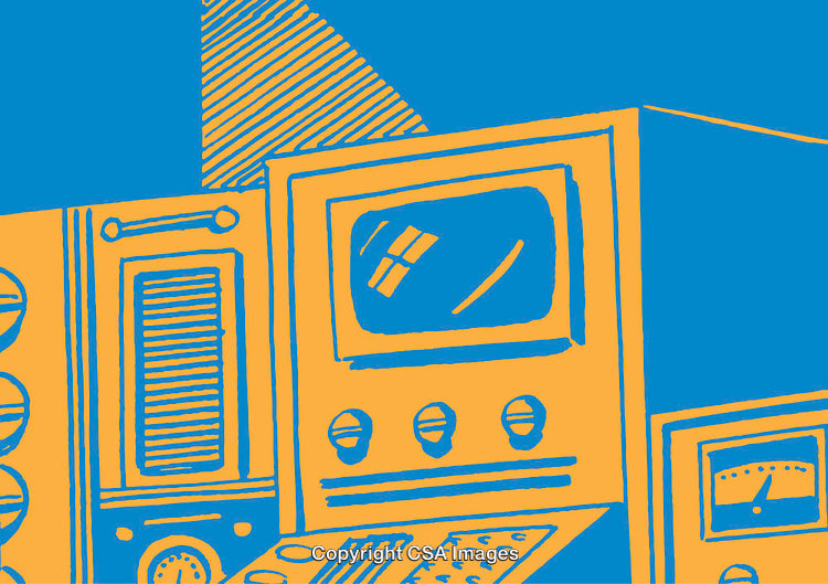 Retro Style Illustration of Vintage Electronics in Blue and Yellow