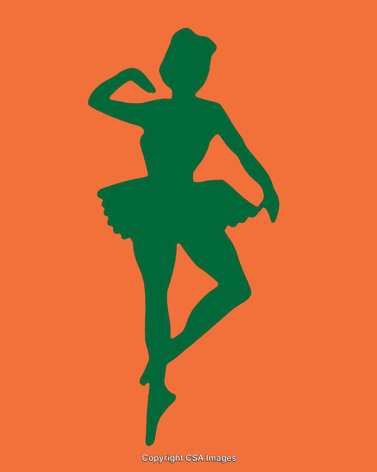 Silhouetted Ballerina in Artistic Green on Vibrant Orange Background