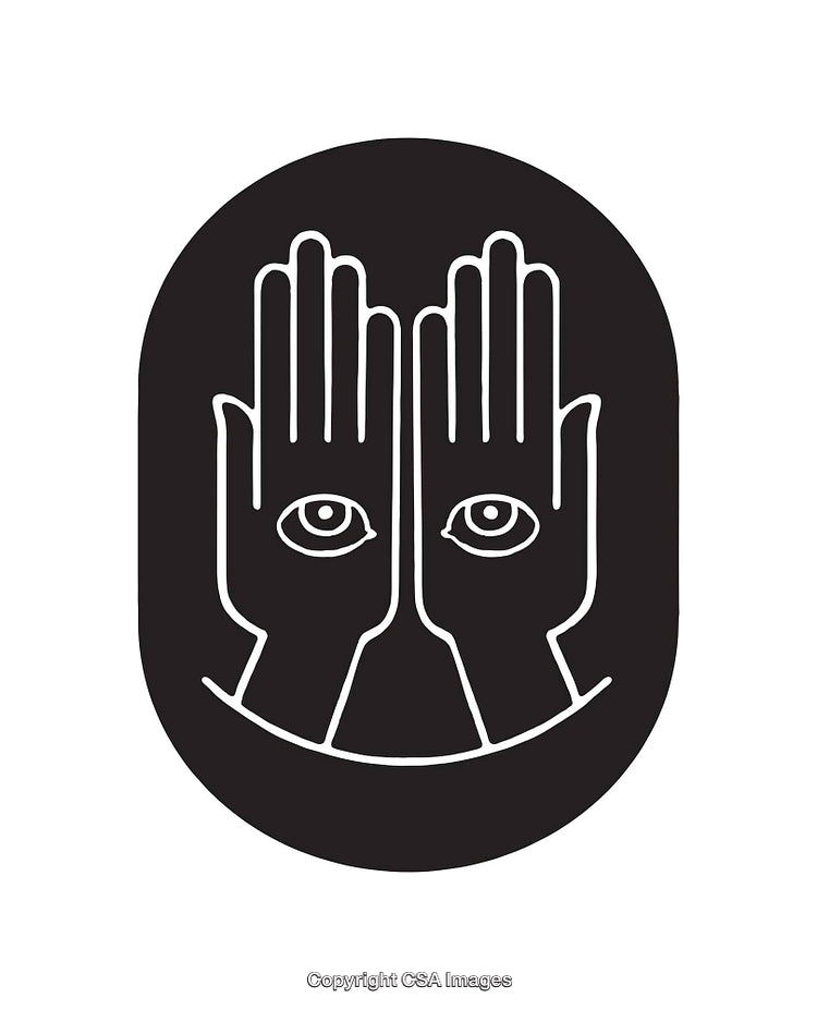 Abstract Black and White Line Art of Hands with Eye Symbols