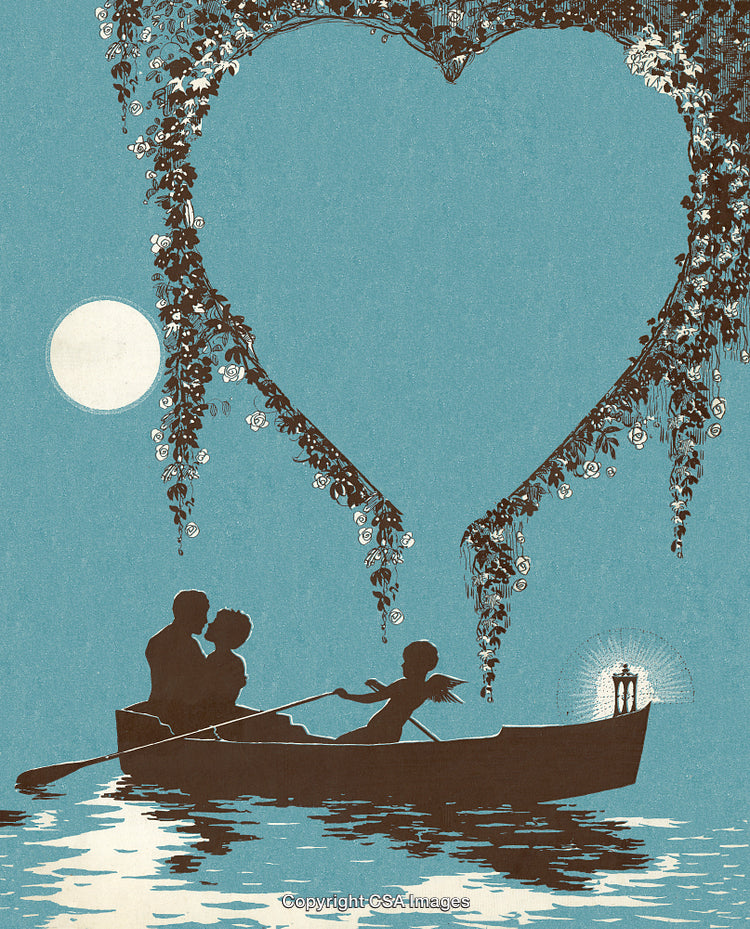 Romantic Couple Rowing Boat Under Heart-Shaped Canopy at Night