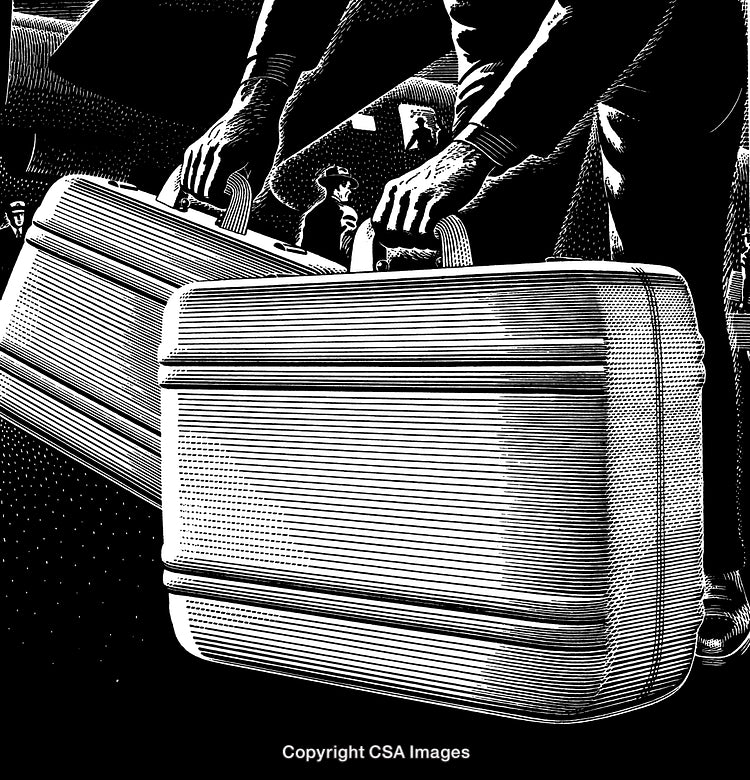 Black and White Engraving of Hands Carrying Luggage in a Mysterious Scene