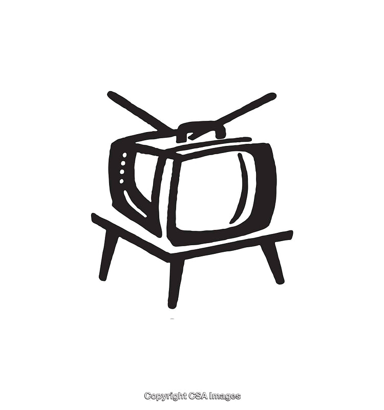 Black and White Illustration of Retro Television Set with Antennas