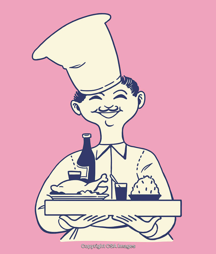 Whimsical Cartoon Chef Holding Platter Featuring Food and Drinks