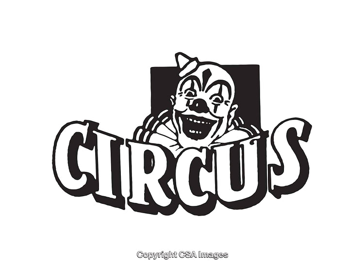 Black and White Clown Illustration with Circus-Themed Typography Design