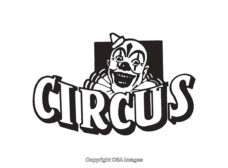 Black and White Clown Illustration with Circus-Themed Typography Design