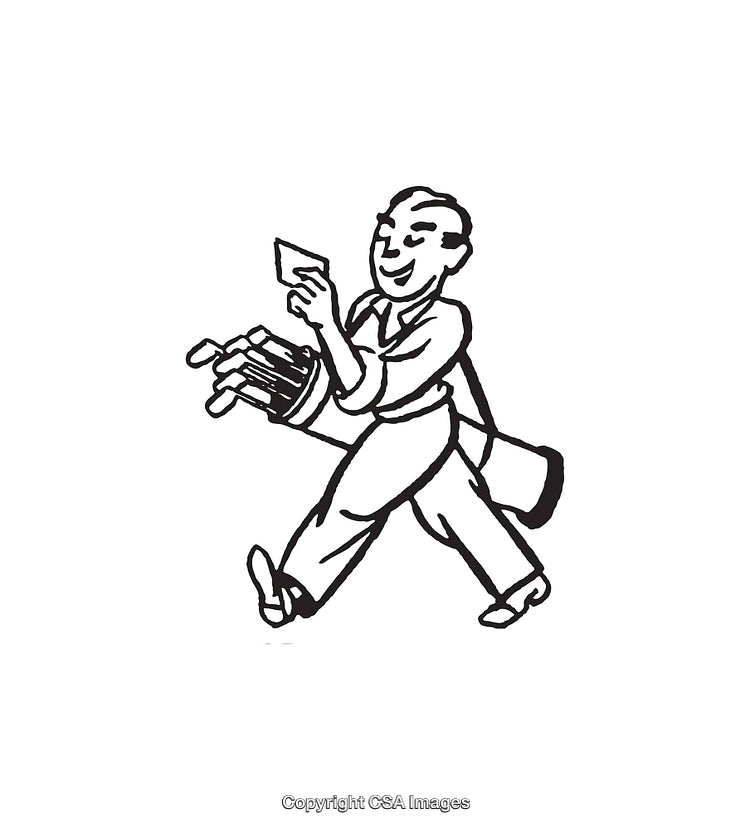 Handdrawn Black and White Retro Cartoon of Cheerful Worker Carrying Poster Supplies