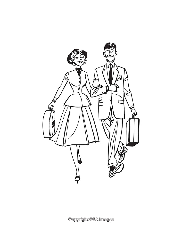 Retro Styled Couple Walking With Luggage in Black and White Line Art
