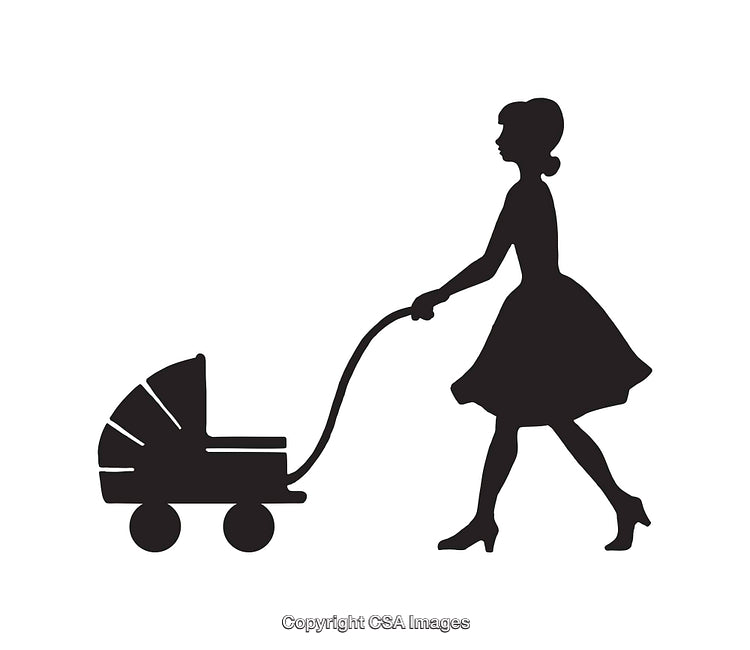 Silhouette of a Woman Walking with a Baby Stroller in Profile