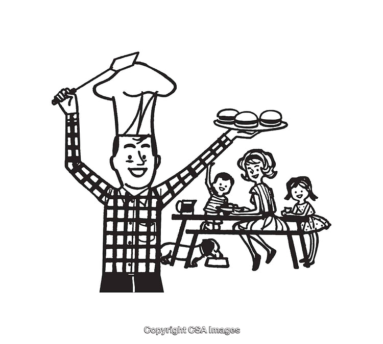 Chef Serving Burgers to Family at Outdoor Picnic Gathering in Line Art