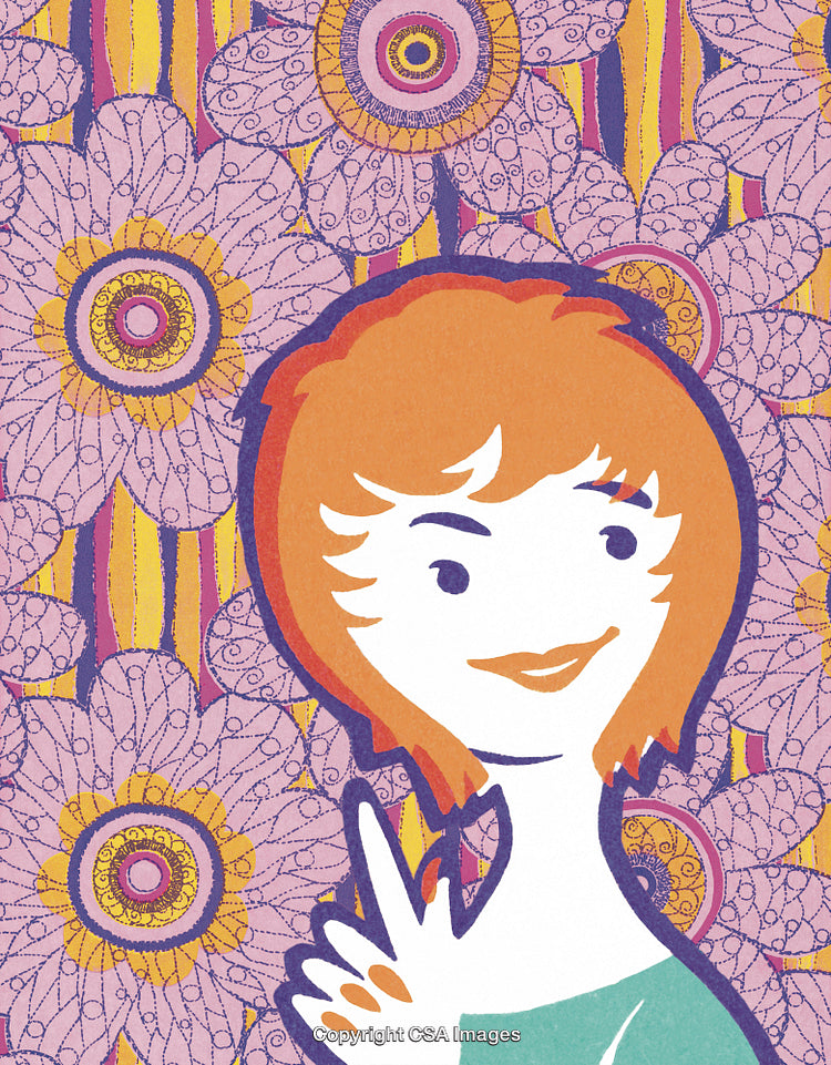 Playful Illustration of a Styled Woman Amidst a Flower Pattern Background