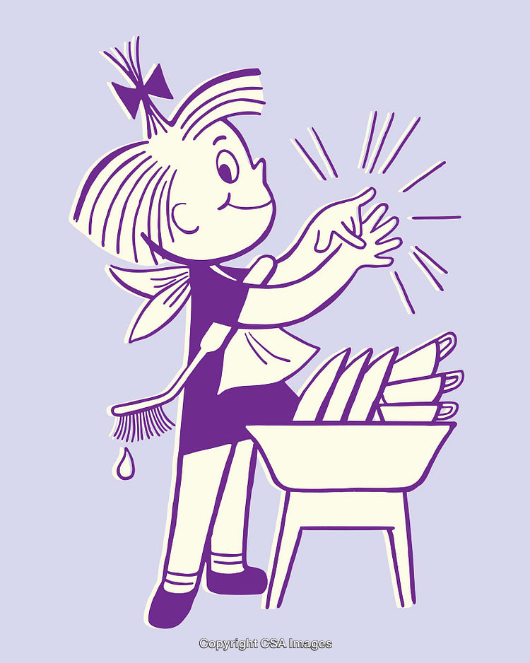 Vintage Line Art of a Girl Washing Dishes with a Smile