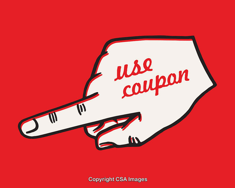 Illustrated Hand with Text Encouraging the Use of Coupons on Red Background