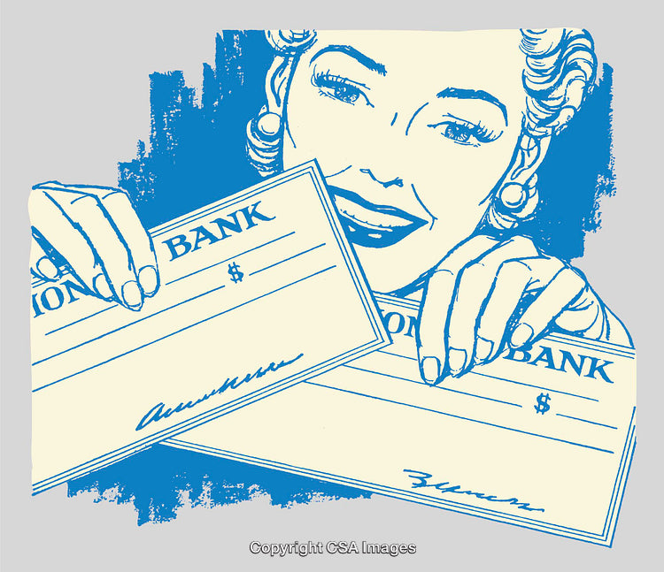 Smiling Woman Holding Bank Checks in Retro Line Art Style