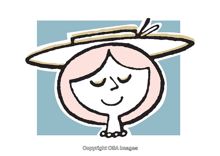 Stylized Illustration of Woman in Hat with Smiling Expression on Soft Blue Background