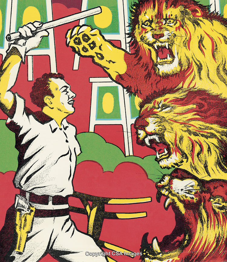 Vintage Illustration Depicting Man Confronting Fearsome Lions in Bold Colors