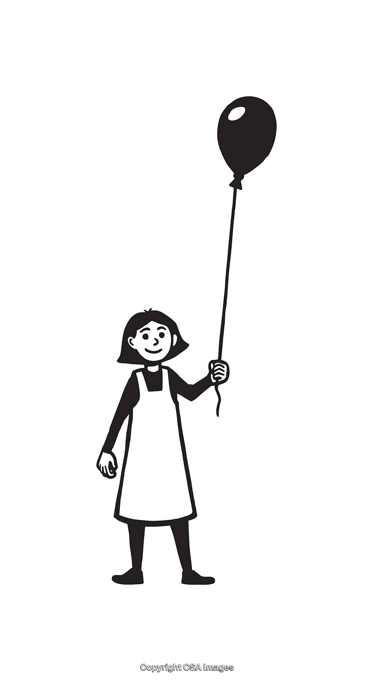Black and White Illustration of a Girl Holding a Helium Balloon