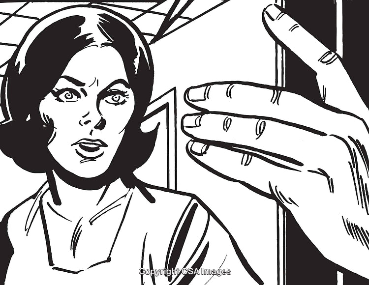 Surprised Woman Confronting Unseen Character in Comic Book Art Style