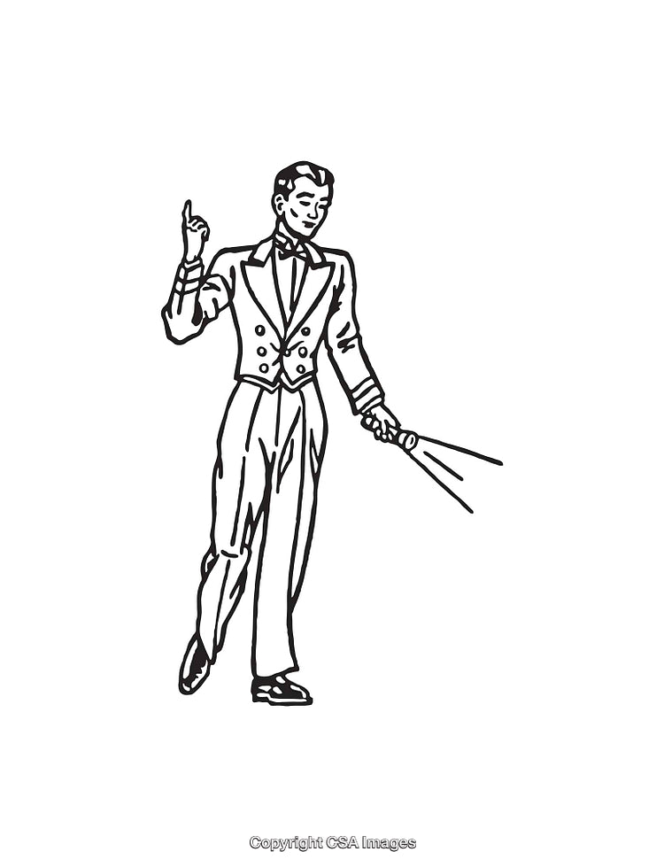Vintage Black and White Illustration of a Dapper Gentleman with Cane