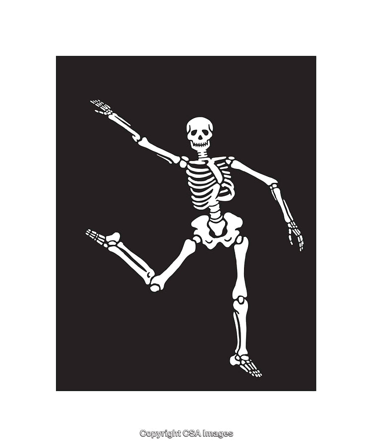 Dancing Skeleton Artwork on Black Background with Bold Stylized Design