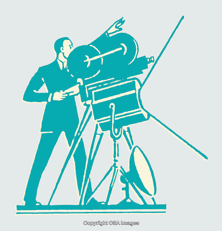 Retro Illustration of Filmmaker Operating a Vintage Camera on Tripod