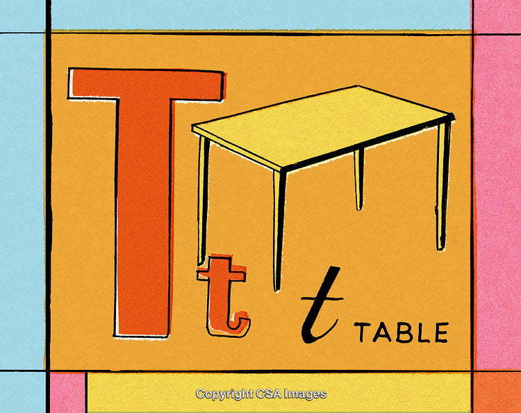 Alphabet Illustration Featuring the Letter T and a Table on Colored Background