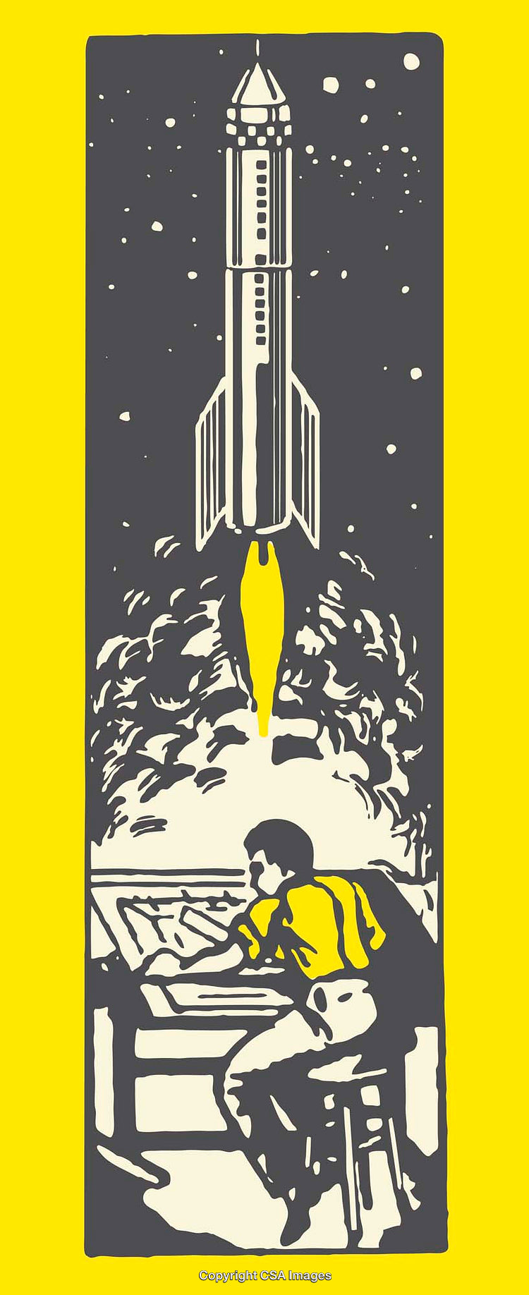 Retro Space Rocket Launch and Scientist at Drawing Desk