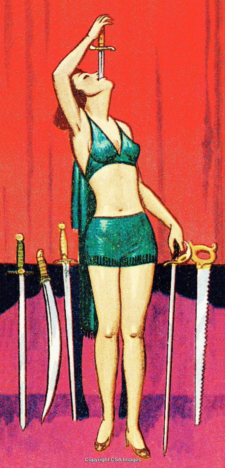Woman Performing Sword Swallowing Act on a Vibrant Red Stage