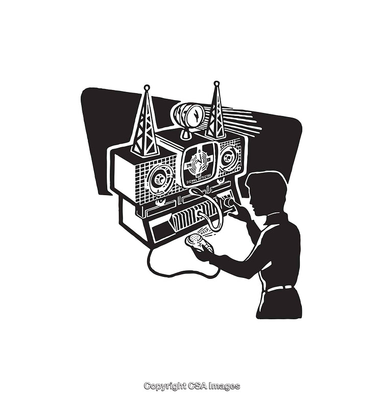 Vintage Electronics Repair Scene in Retro Black and White Line Art