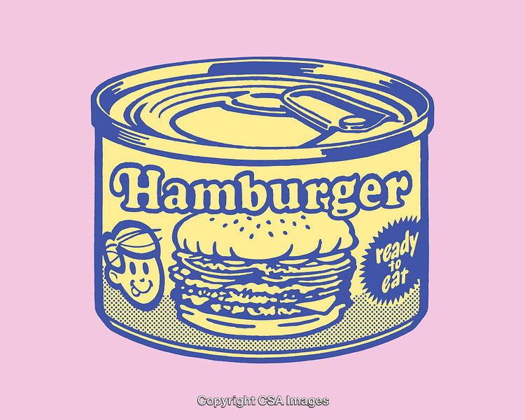 Cartoon Illustration of Hamburger in Retro Canned Food Packaging