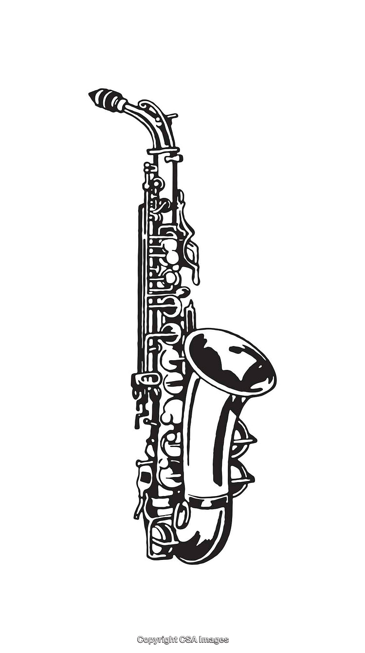 Detailed Black And White Line Art Illustration of a Saxophone