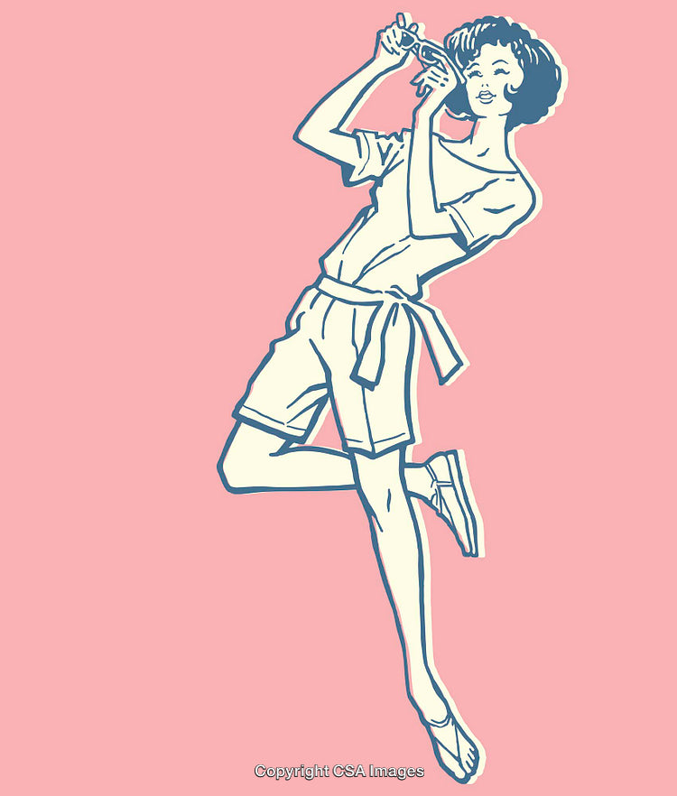 Retro Illustration of a Woman Posing with a Camera on Pastel Background