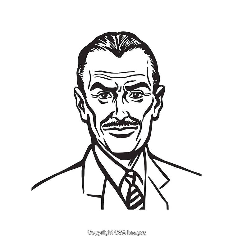 Detailed Black and White Line Art Illustration of a Man in Formal Attire