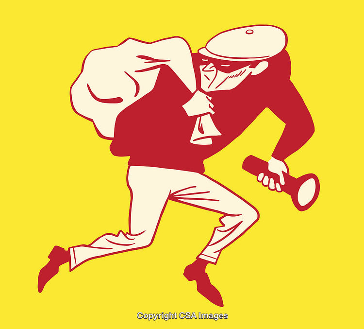 Colorful Illustration of a Burglar in Action with Bold Yellow Background