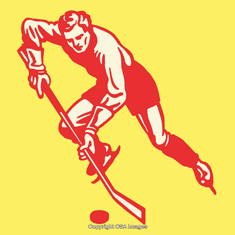 Retro Hockey Player in Red on Yellow Background Line Art Illustration