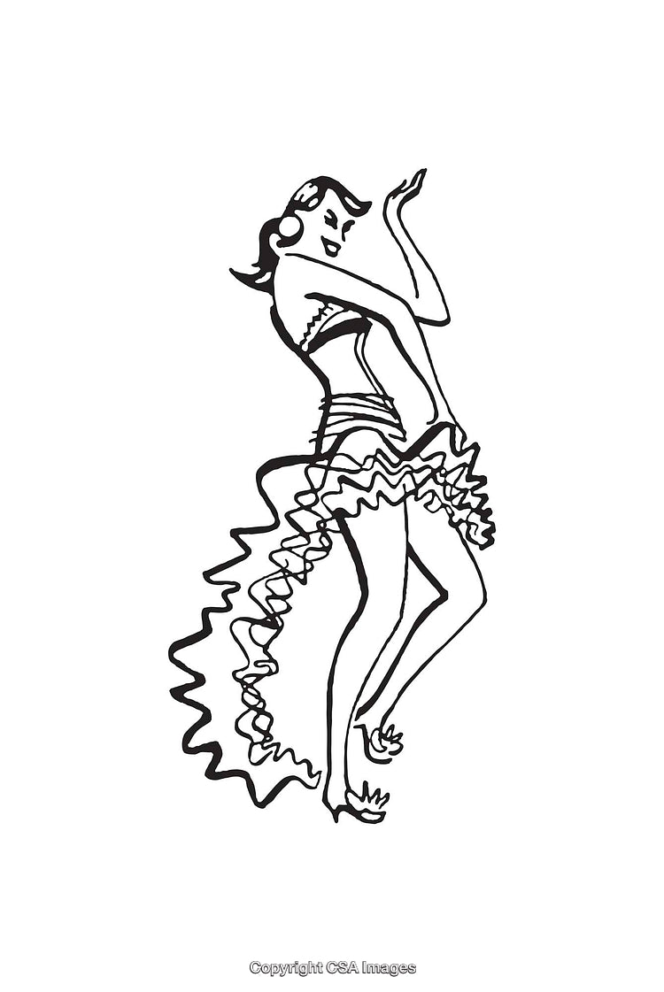 Elegant Line Art of Dancing Woman with Flowing Dress in Black and White