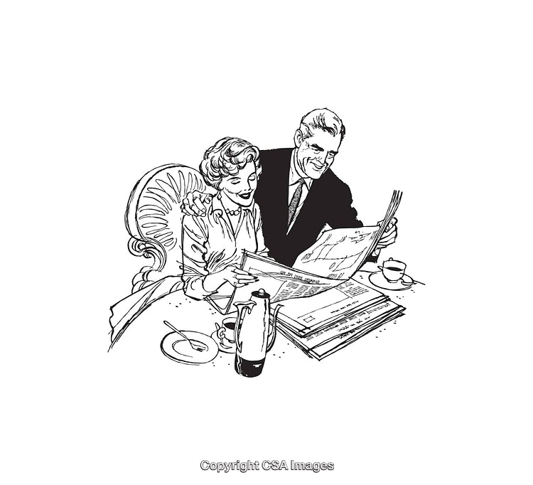 Illustration of a Cheerful Couple Reading a Newspaper Over Coffee at Breakfast